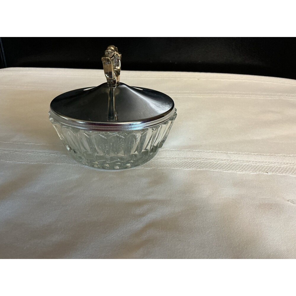 Crystal candy dish with silver colored lid 5.5 wide